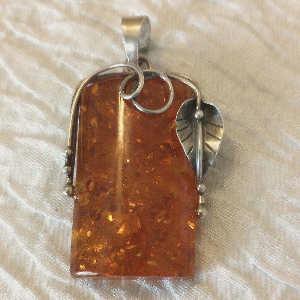 Large Sterling Silver Baltic Amber Pendant Necklace 30" Rope Chain
